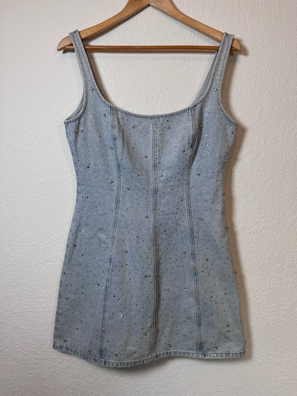 Meshki Light Blue Rhinestone Embellished Denim Mini Dress - Picture 4 of 5